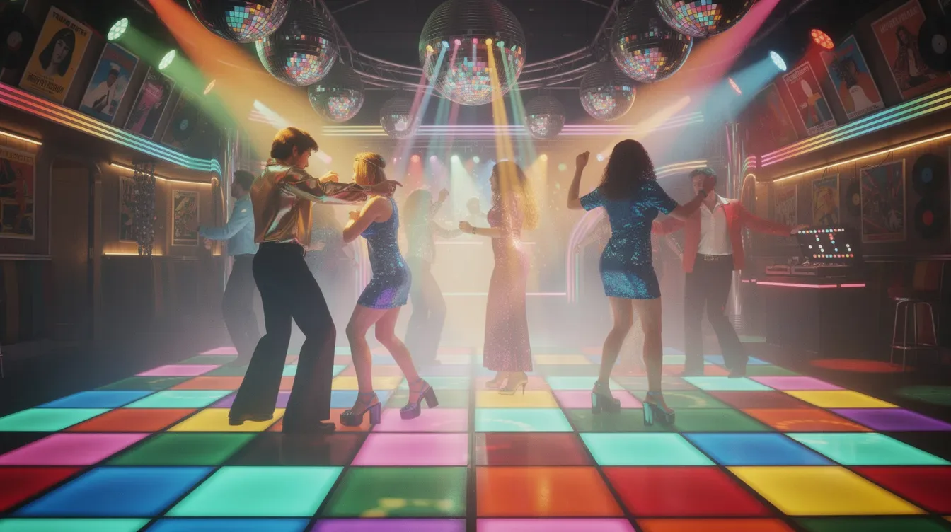 A vibrant retro disco-themed party scene features a colorful dance floor made up of bright, patterned tiles, while sparkling mirror balls hang above, reflecting light across the room. The atmosphere is filled with excitement, reminiscent of a lively game show, where players might feel the thrill of engaging in interactive elements like bonus games and spins.