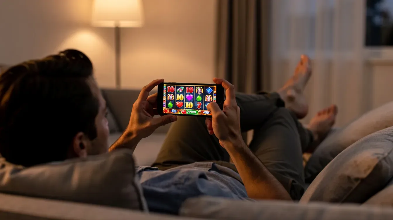 A person is sitting comfortably on a couch, engaged in playing casino games on their smartphone, likely enjoying the excitement of various bonus games such as the crazy time bonus game or the coin flip bonus. The atmosphere is relaxed, yet filled with anticipation for big wins and thrilling game rounds.