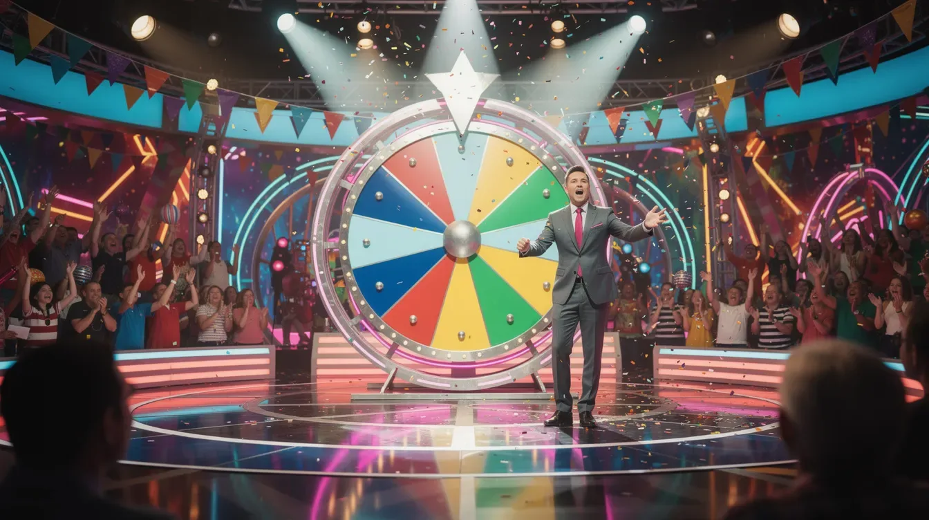 The image depicts a lively carnival-themed game show studio filled with colorful lights, showcasing a large spinning wheel at the center, while an energetic live host engages the audience. Exciting elements like the crazy time wheel and various bonus games create an atmosphere of anticipation and fun.